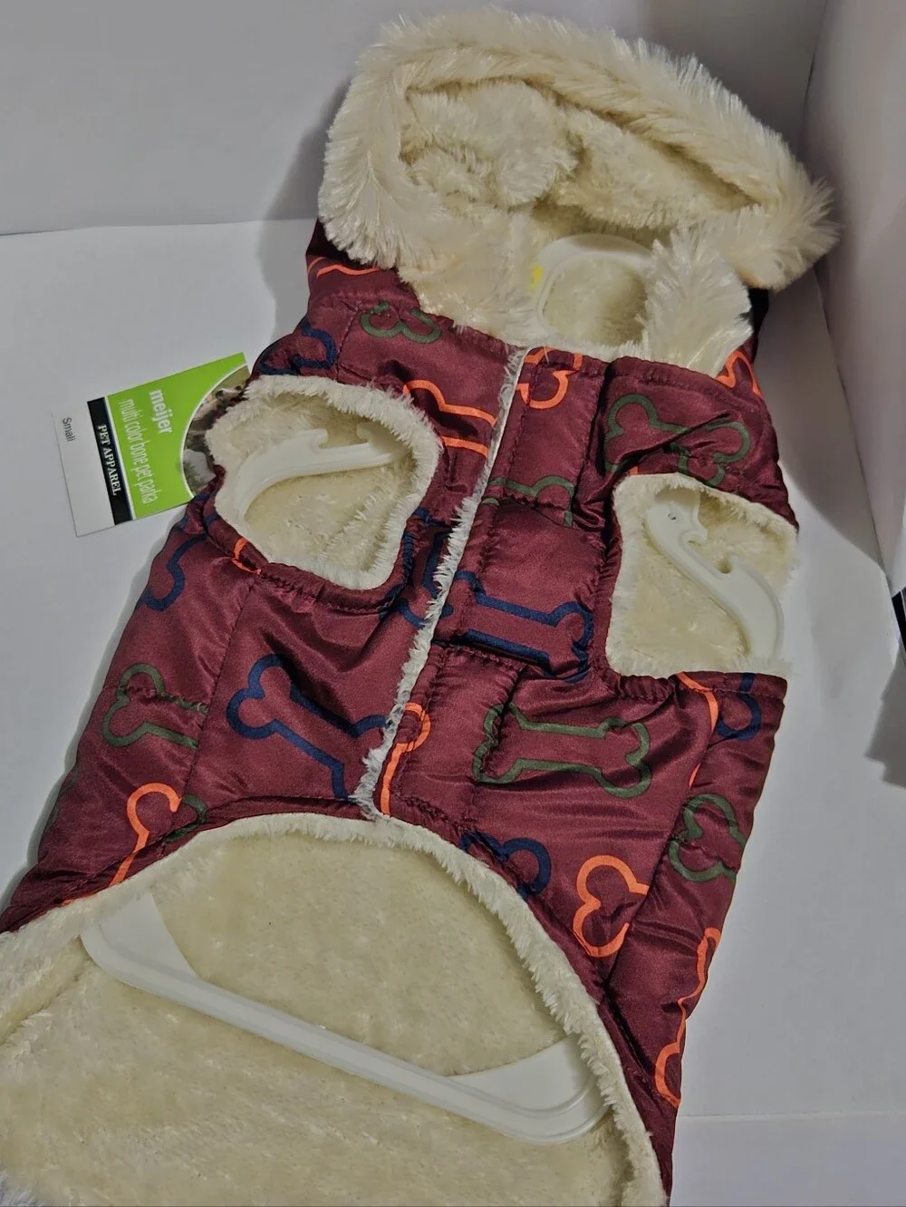 Pet Winter Sailor Parka Dog Coat Burgundy Bone Print Fleece Lined Hood Small NWT